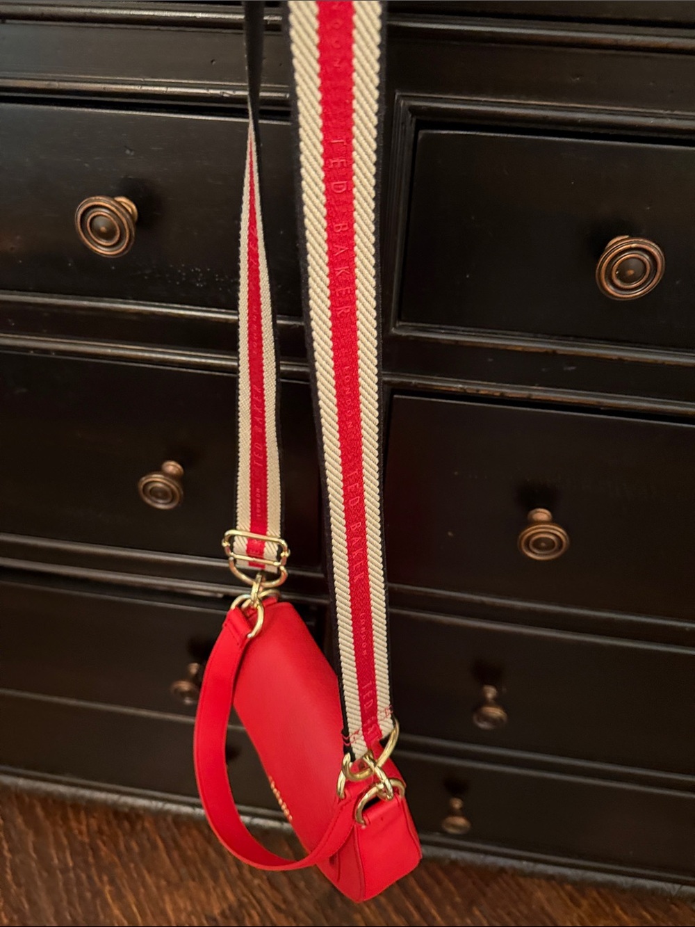 Ted Baker Bright Red Pebbled Leather Crossbody with Striped Strap - Picture 6 of 7